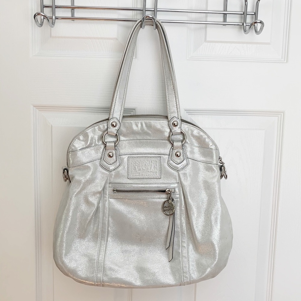 Coach Poppy Silver Purse with Legacy Stripe Lining